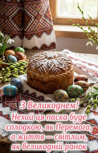 Великодня листівка з паскою, писанками та привітанням