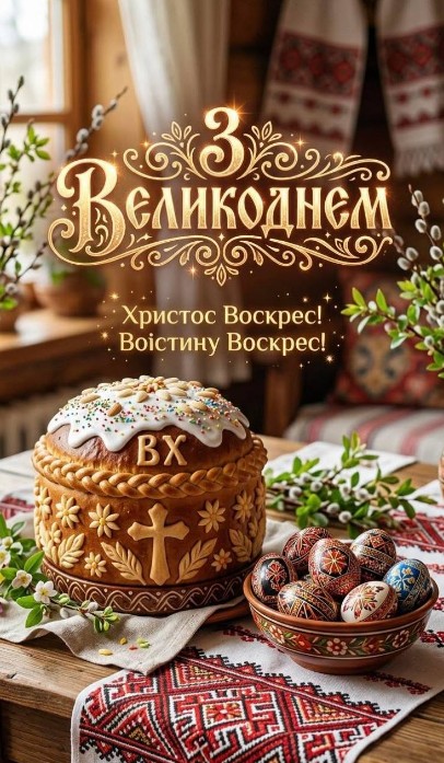 Великодня листівка: Паска, крашанки та привітання