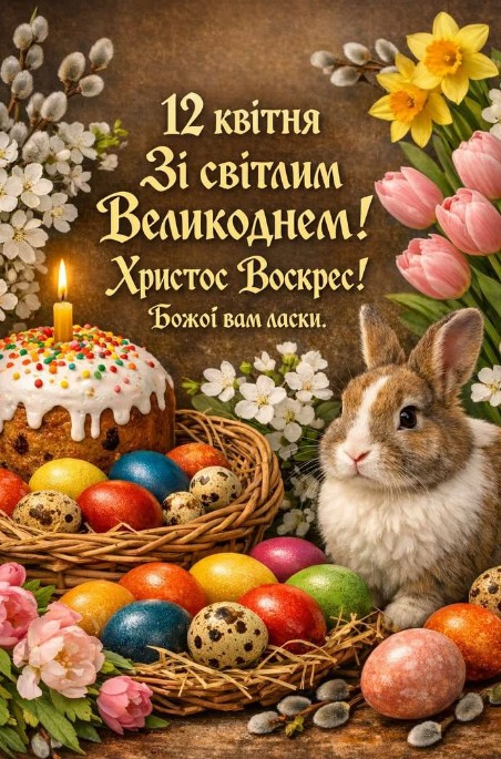 Великодня листівка з кроликом, паскою та крашанками