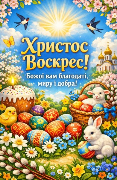 Великодня листівка Христос Воскрес! з кроликом та паскою