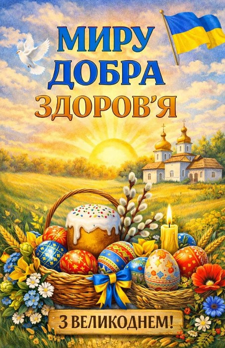 Великодня листівка: Миру, добра, здоров'я! З Великоднем!