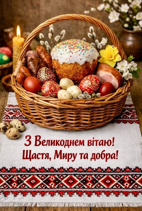 Великодня листівка: кошик з паскою та крашанками
