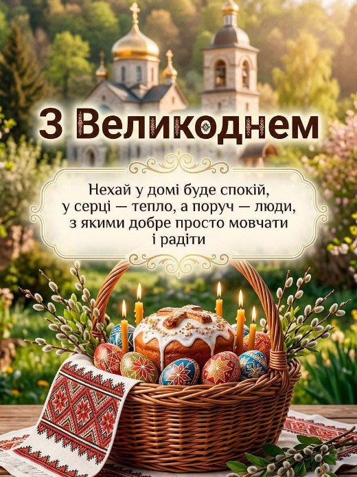 Вітальна листівка на Великдень: паска, крашанки та церква