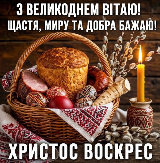 Великодня листівка: кошик з паскою та крашанками
