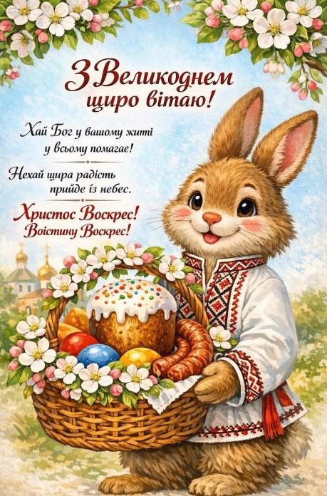 Великодня листівка з кроликом у вишиванці та паскою
