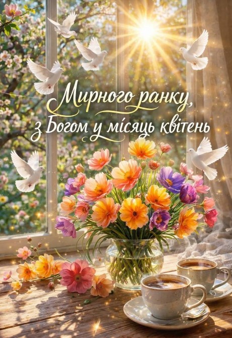 Листівка з добрим ранком: весняні квіти та голуби