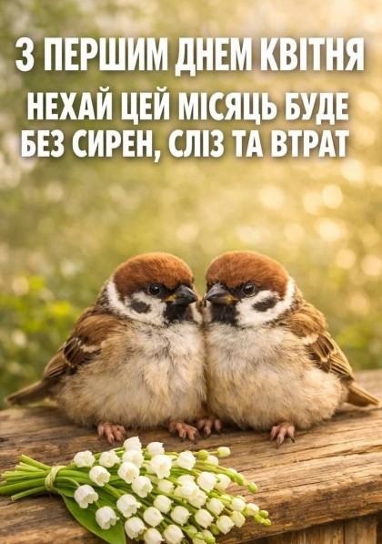 Листівка з 1 квітня: весняне привітання з горобцями