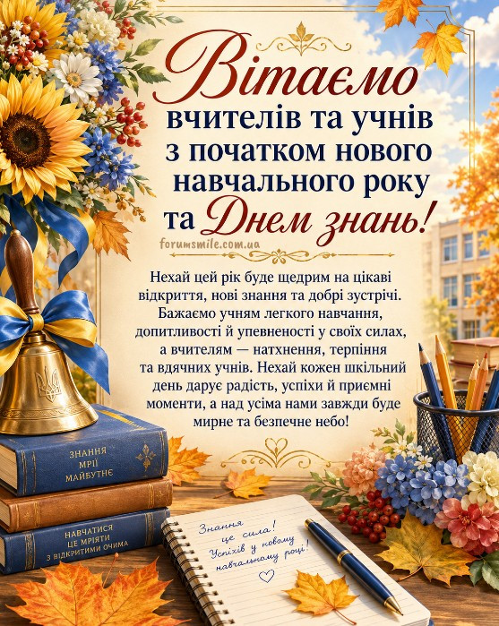 Листівка з Днем знань та початком навчального року для вчителів та учнів