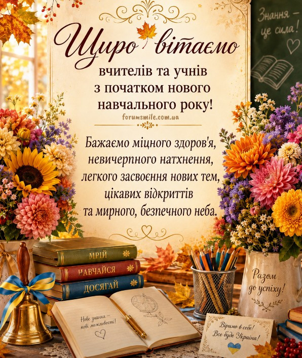 Вітальна листівка з 1 вересня з квітами, книгами та шкільним дзвоником, прикрашеним синьо-жовтою стрічкою.