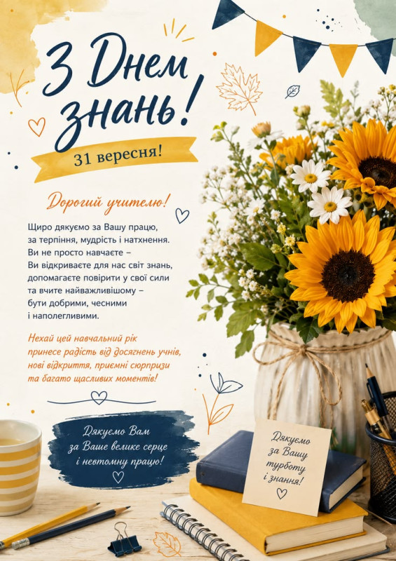 Вітальна листівка на День знань для вчителя 