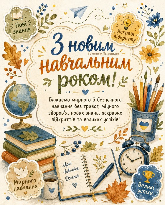 Акварельна листівка з написом З новим навчальним роком, глобусом, книгами та шкільним приладдям