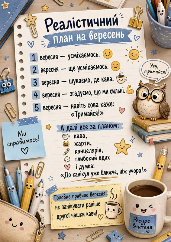Ілюстрована листівка з написом Реалістичний план на вересень, малюнками сови, кави та канцелярії, стилізована під шкільний блокнот.