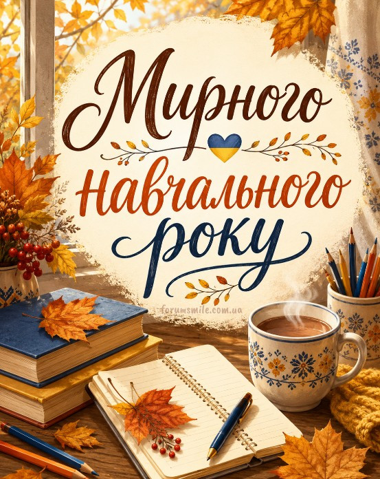 Осіння листівка до 1 вересня з написом Мирного навчального року, книгами, жовтим листям, чашкою кави та українським сердечком