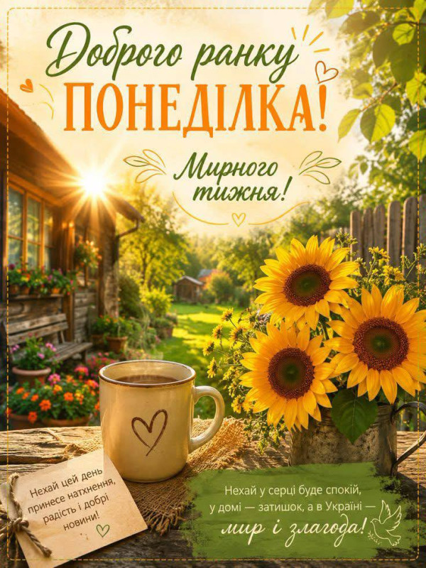 Листівка Доброго ранку понеділка — мирного тижня
