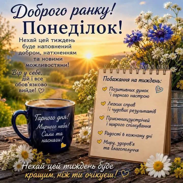 Листівка з побажанням гарного понеділка та вдалого тижня