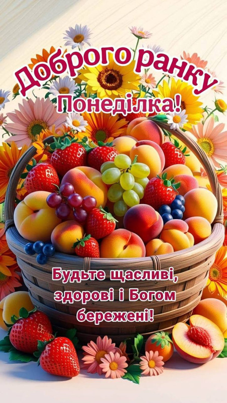 Листівка Доброго ранку понеділка з квітами та фруктами