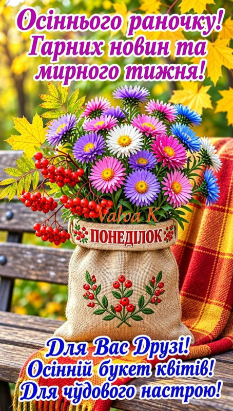 Листівка з добрим осіннім ранком та побажанням гарного тижня