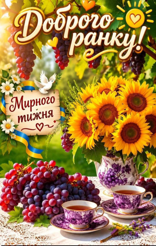 Листівка Доброго ранку та мирного тижня з соняшниками