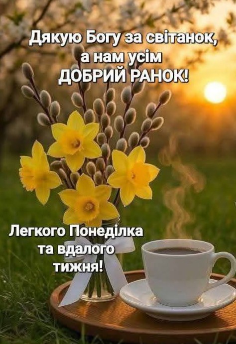 Букет жовтих нарцисів та гілочок верби у вазі поруч із чашкою кави на фоні світанку.