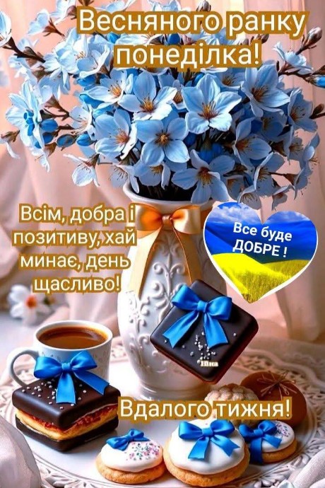 Листівка з букетом блакитних квітів, чашкою кави, солодощами та написом про добрий ранок понеділка