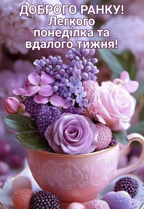 Листівка з квітами та побажанням доброго ранку та вдалого понеділка.