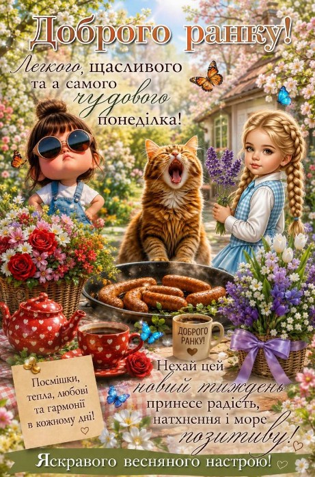 Мила листівка з побажанням доброго ранку, дівчатка з квітами, котиком та сніданком у весняному саду.