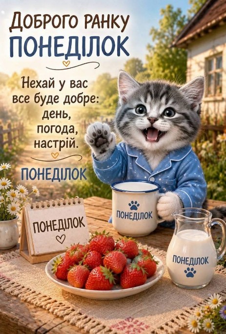 Листівка Доброго ранку понеділок з полуницею