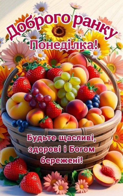 Листівка Доброго ранку понеділка — з фруктами та квітами