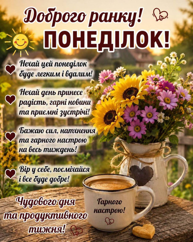 Листівка з написом Доброго ранку понеділок