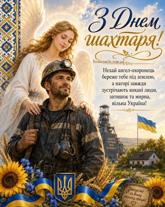 Вітальна листівка на День шахтаря з ангелом-охоронцем