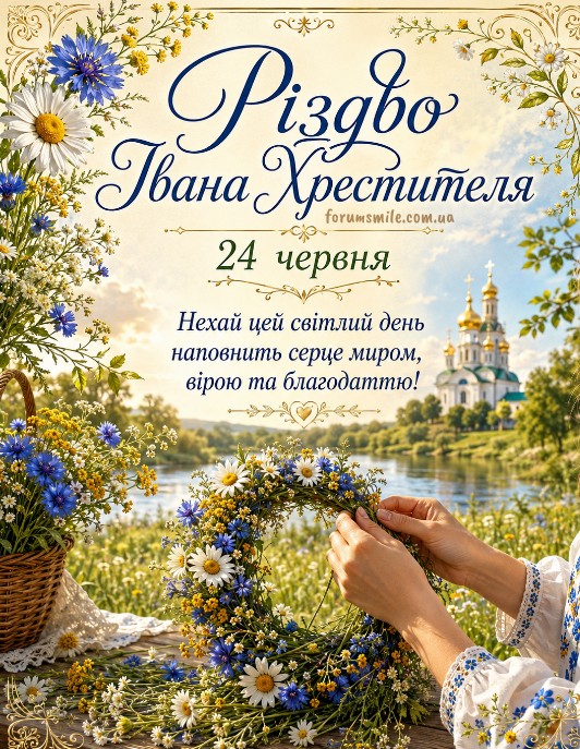 Жіночі руки плетуть вінок із волошок та ромашок на фоні річки, храму та природи до свята Різдва Івана Хрестителя.