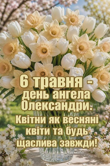 Вітальна листівка з днем ангела Олександра 6 травня з букетом ніжних білих тюльпанів та нарцисів.