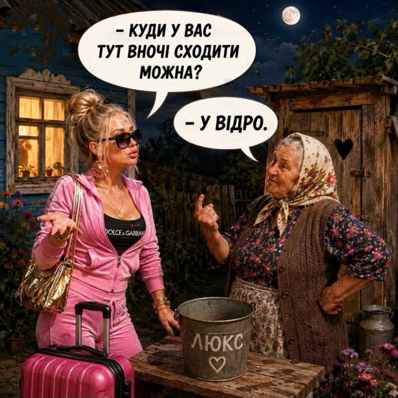 Листівка з гумором: Бабуся та гламурна дівчина у селі