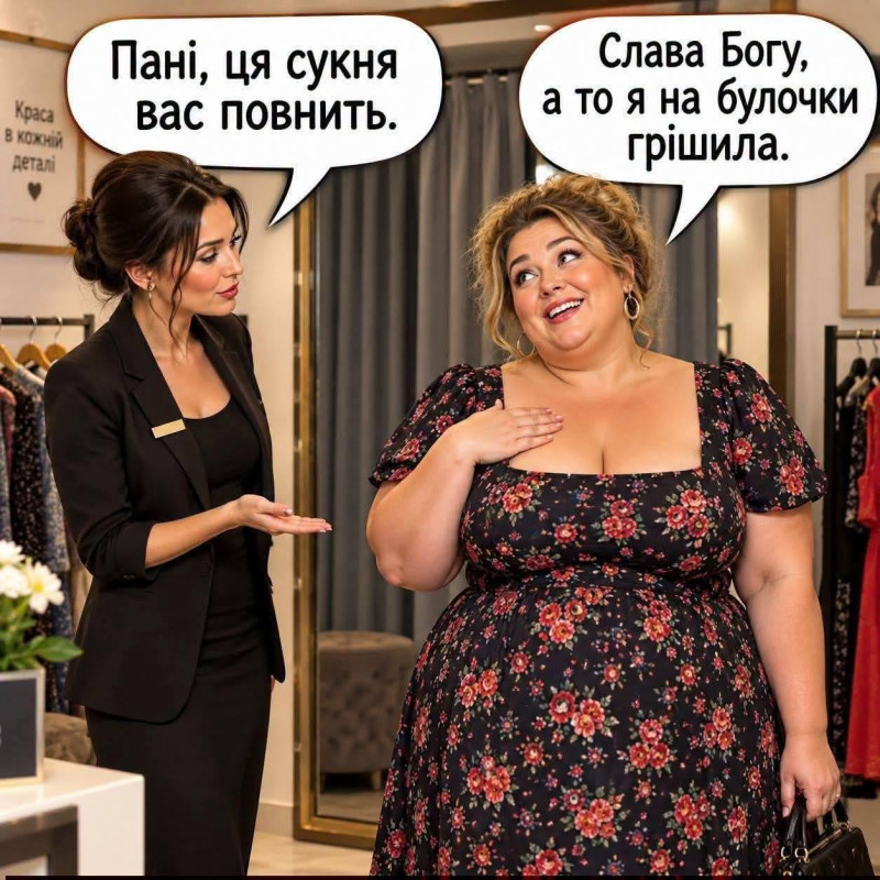 Листівка з гумором Про сукню та булочки