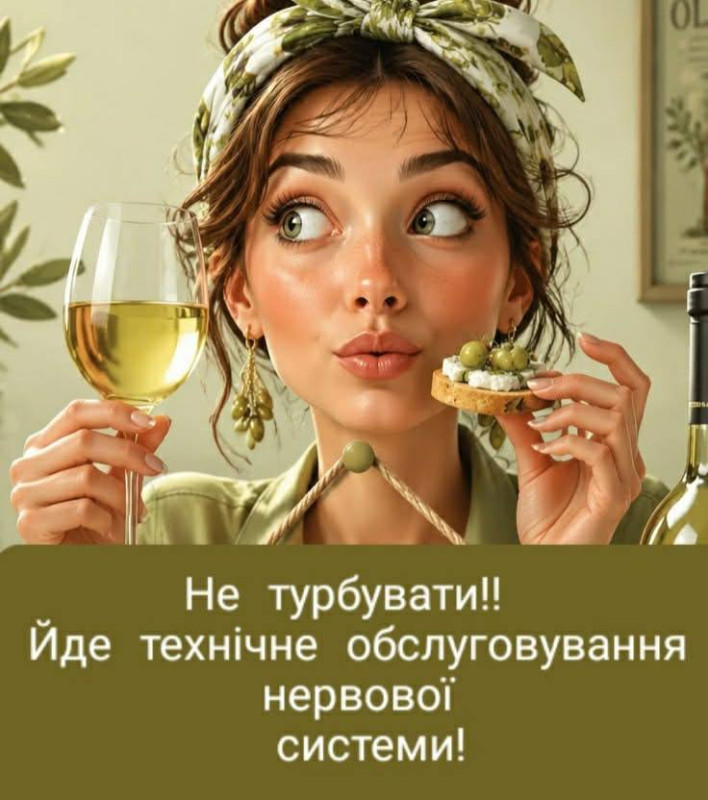 Ілюстрація жінки з келихом вина та закускою, напис: Не турбувати! Йде технічне обслуговування нервової системи.