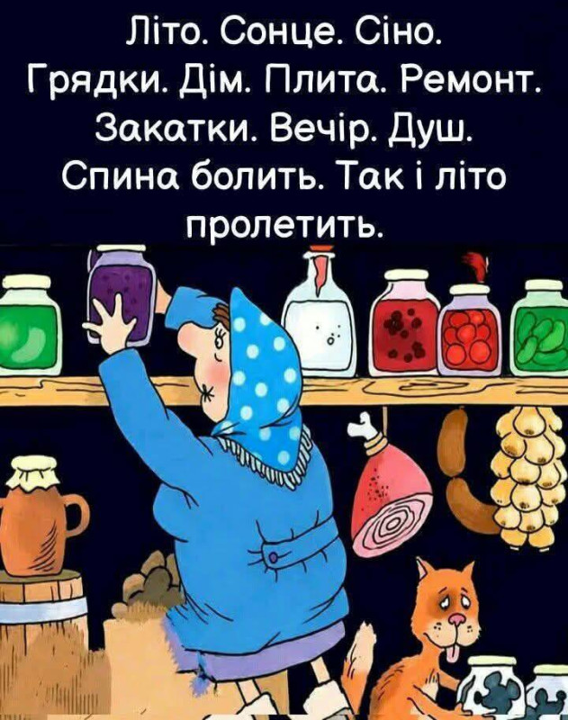 Жінка в хустці ставить банку з консервацією на полицю в погребі поруч із котом, напис про втому від літніх справ.