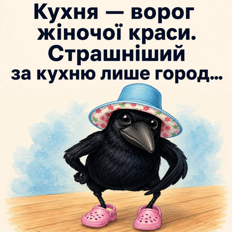 Листівка з гумором: Кухня та город — вороги жіночої краси