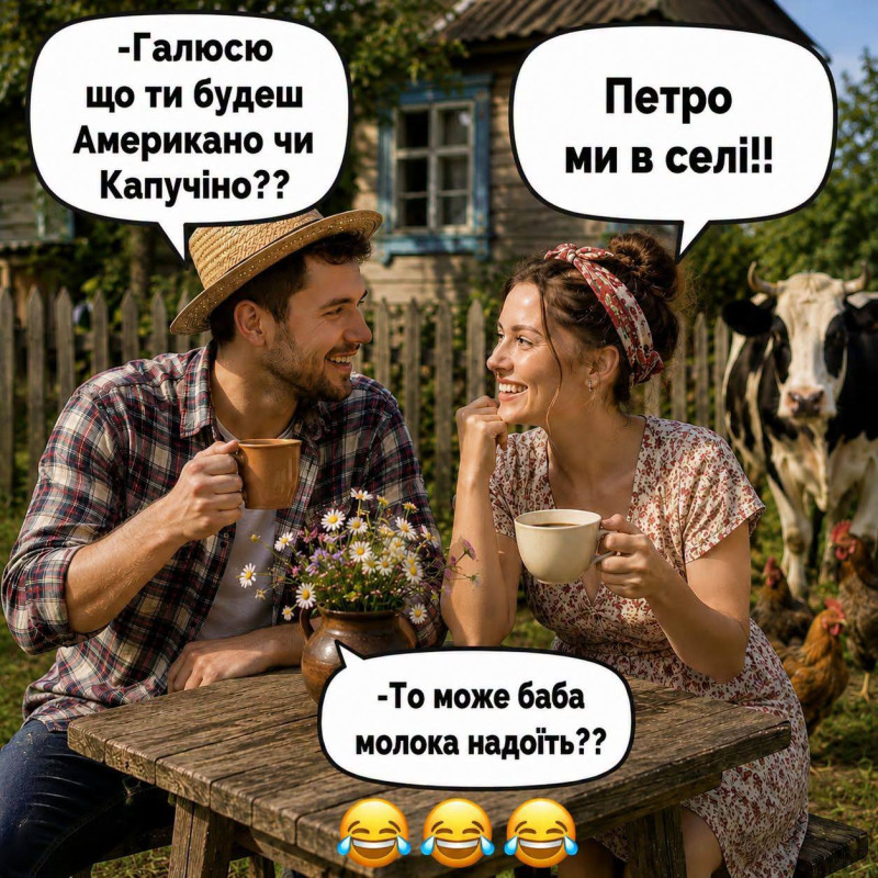 Листівка Смішна: Кава в селі з гумором 