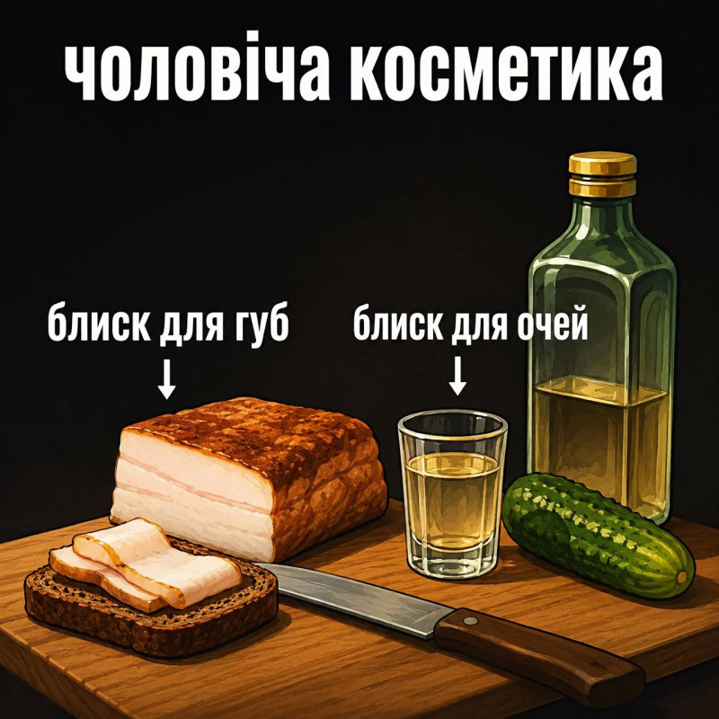 Гумористична листівка з написом Чоловіча косметика, на якій зображено сало, хліб, ніж, чарка горілки