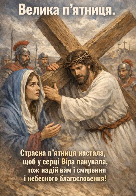 Ісус несе хрест і зустрічає Діву Марію, листівка на Страсну п