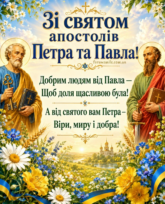 Святкова листівка з іконами апостолів Петра і Павла на фоні квітів та церкви