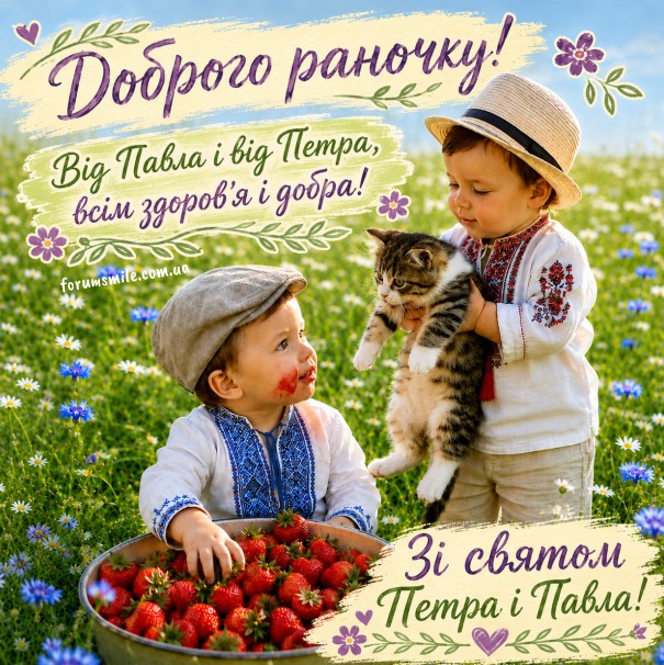 Двоє маленьких хлопчиків у вишиванках з котиком та кошиком полуниці на полі з квітами, листівка на День Петра і Павла