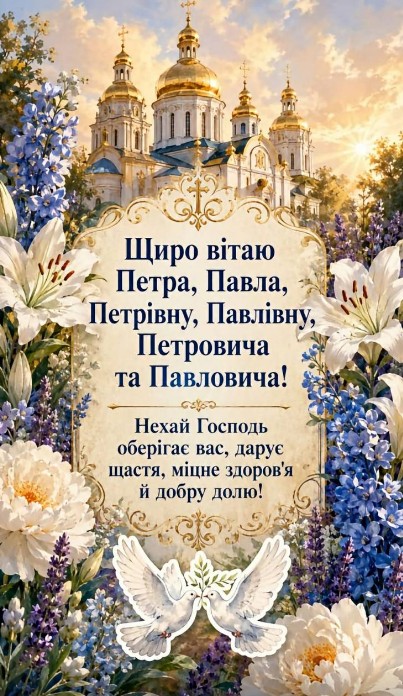 Щирими побажаннями для Петра, Павла та їхніх іменинників.
