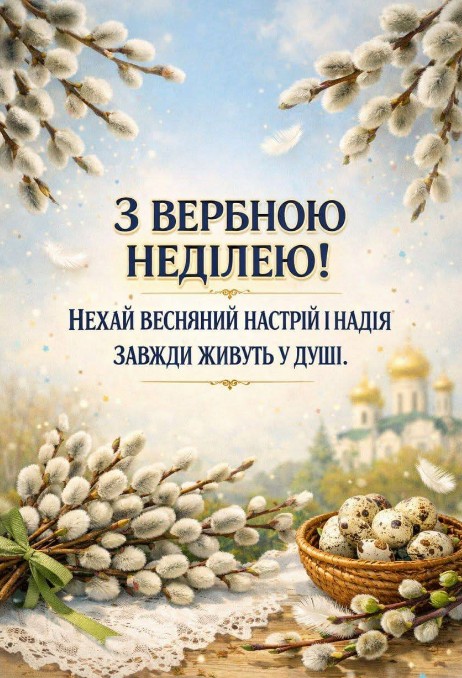 Листівка з Вербною неділею, красиве привітання
