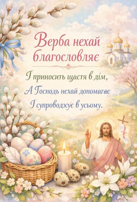 Вітальна листівка на Вербну неділю з побажаннями