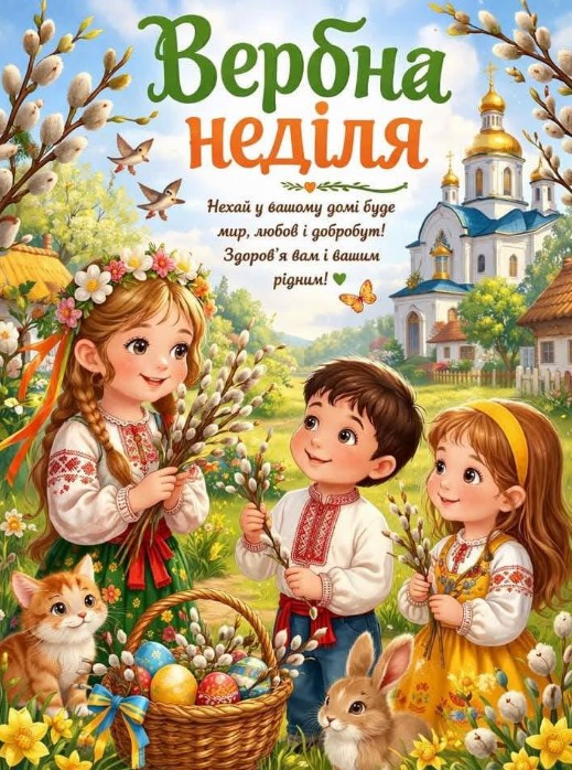 Вітальна листівка на Вербну неділю з дітьми та кошиком