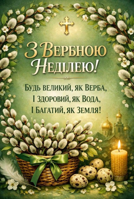 Вітальна листівка на Вербну неділю з побажаннями