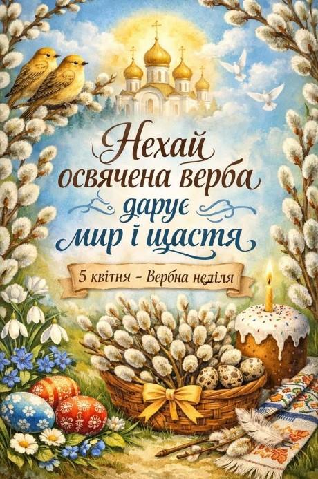 Листівка на Вербну неділю - освячена верба, мир та щастя