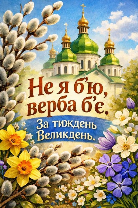 Листівка з Вербною неділею: Не я б'ю, верба б'є