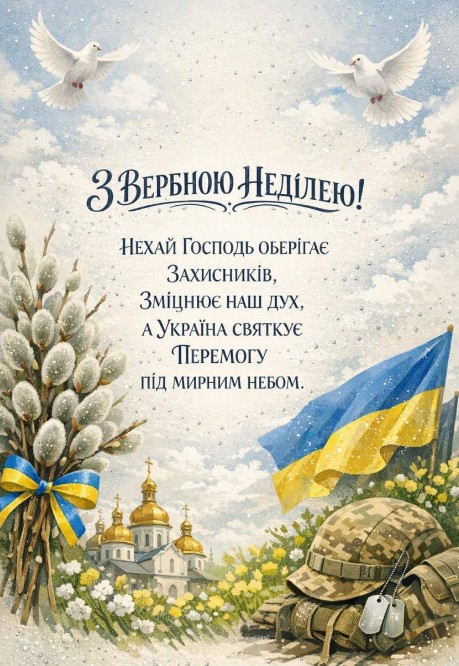 Листівка з Вербною неділею, перемога та мир